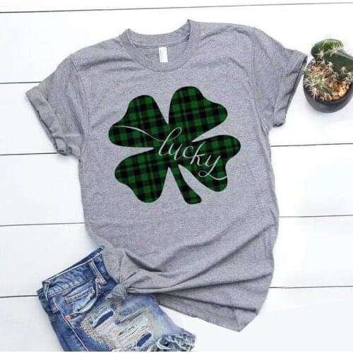 Lucky Letter Print Tshirt Women Cute St.Patrick’s Day Plaid Clover Graphic T shirt O-neck Short Sleeve Ladies Harajuku T-shirt