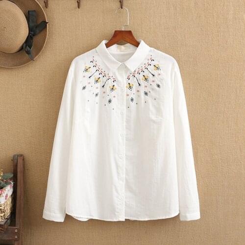 Women Plus Size Clothing Spring 2021 White Shirt Embroidered With Floral Motifs Large-Size Dress Shirt Made of Cotton For Spring