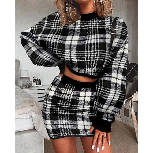 Womens Sexy Fashion Dress Set Elegant Office Two Pieces Set Plaid Outfit Long Sleeve Crop Top And Skirt Set