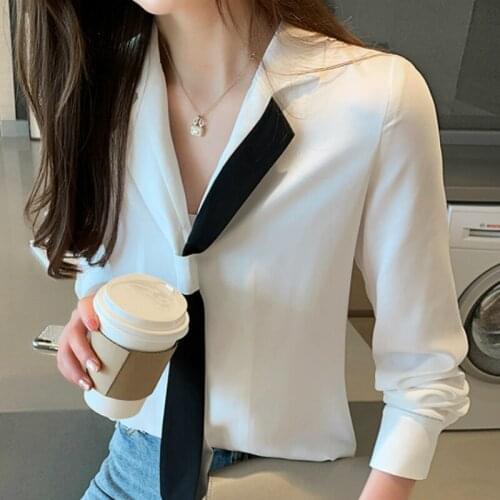 Womens Tops And Blouses Long Sleeve Women Shirts Bow Tie V-neck Office Ladies Tops White Blouse Chiffon Blouse Women Tops B969