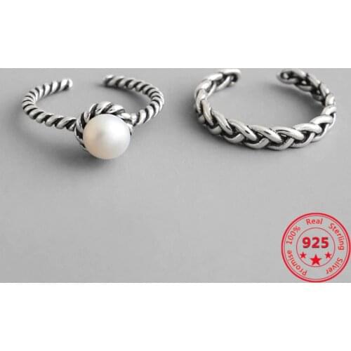 925 Sterling Silver 2019 Fashion Vintage Silver Woven Twisted Natural Pearl Open Rings for Women Jewelry Accessories