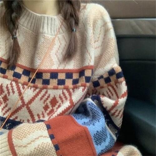 Korean Retro Jacquard Sweater Loose Pullover Womens Autumn Winter Round Neck Super College Style Sweater 2021 New