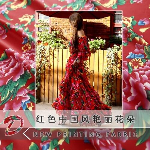 2018 new brand red Chinese style gorgeous flower pattern polyester chiffon fabric digital printing fabric factory direct sales