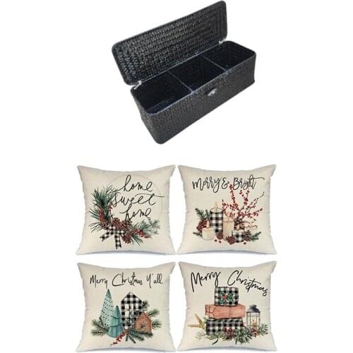 3 Compartment Storage Box Wicker Rattan Basket with Christmas Pillow Covers,Throw Pillows Farmhouse Christmas Decor