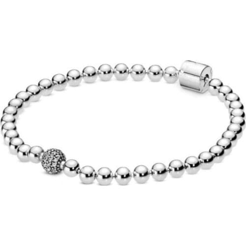 Genuine 925 Sterling Silver Pandora Bracelet Smooth Beads & Pave Crystal Ball Bracelet Fit Bead Charm Diy Fashion Jewelry