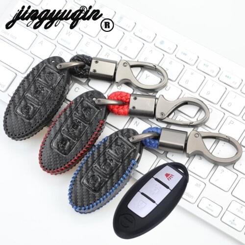 Jingyuqin Remote Key Case Carbon Leather Cover For Nissan X-Trail 370Z Cube Micra Qashqai Juke Leaf Tiida Cube Quest Versa 3BTN