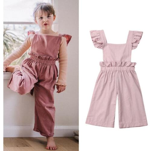 Baby Summer Clothing Kids Baby Girl Overalls Wide Romper Sleeveless Ruffle Solid Romper Jumpsuit One-Pieces Sunsuit Clothes