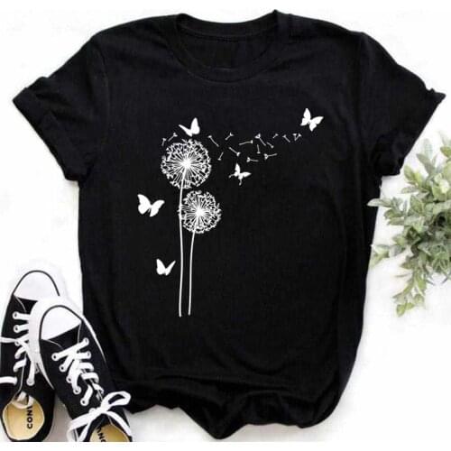 New Summer Dandelion Butterfly Print Women Tshirt Casual White and Black T-shirt Funny T Shirt Gift for Lady Young Girl Tops
