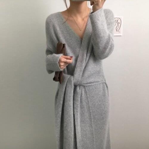 Korean Belted Cashmere Sweater Dress Women Office Lady V Neck Knitted Dress Winter Warm Thick Party Dress Plus Size Loose V953
