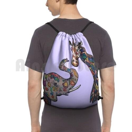 Colorful Elephant And Giraffe Backpack Drawstring Bag Riding Climbing Gym Bag Elephant Giraffe Safari Colorful Rainbow