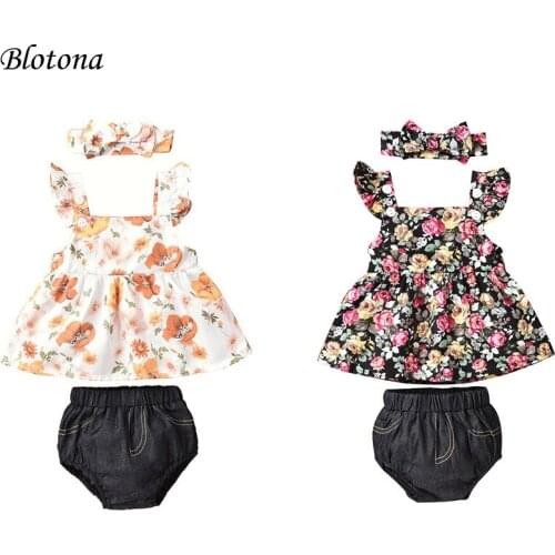 Blotona 3Pcs Baby Girl Summer Casual Outfits, Ruffle Sleeveless Floral Crop Tops + Bloomer Shorts + Headband Set