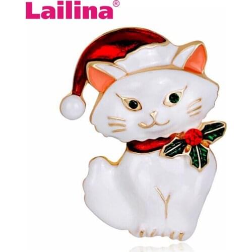 Fashion Christmas Glaze Golden Rhinestones Gem Stone Cat Brooch Pins And Brooches For women Jewelry New Year Gift