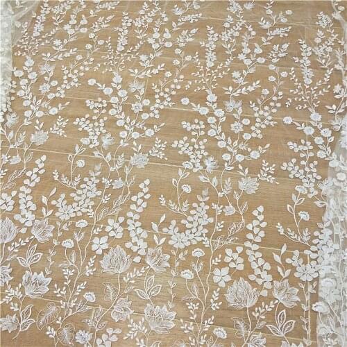 New Ivory-white Summer Lace Wedding Dress Lace Fabric Flower Tree Sequin Embroidered Lace Fabric DIY Material Width 130cm 1yard