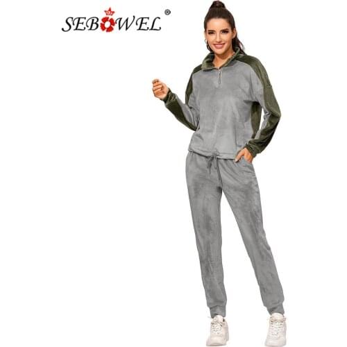 SEBOWEL Autumn Women Golden Velvet Sets Long Sleeve Contrast Color Sweatshirt + Pants Tracksuit Casual Sports Two Piece Suit