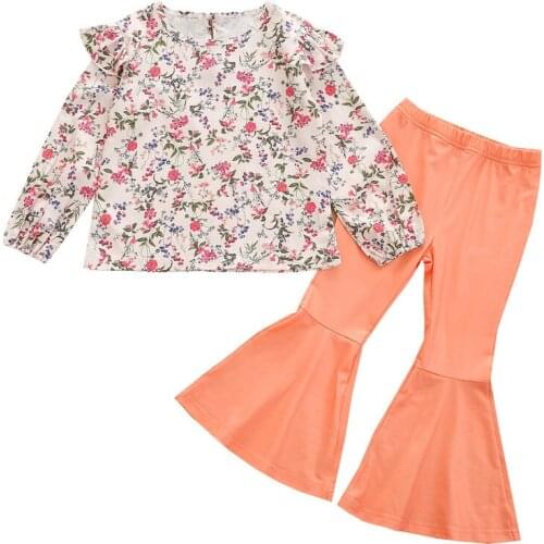 2PCS Casual Sweet Outfits Fall Spring Baby Girls Flower Print Ruffle Long Sleeve Shirt Tops+ Flared Pants Clothes Sets Children