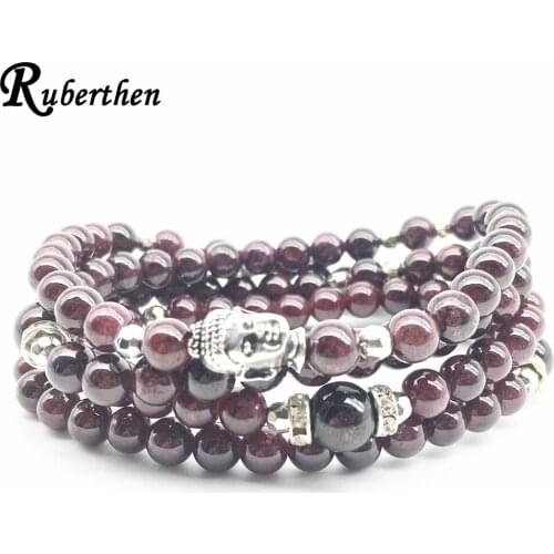 Ruberthen Women`s 2018 Fashion Yoga Bracelet High Quality 6 mm Garnet Bracelet Balance Spiritual Buddha Head Bracelet