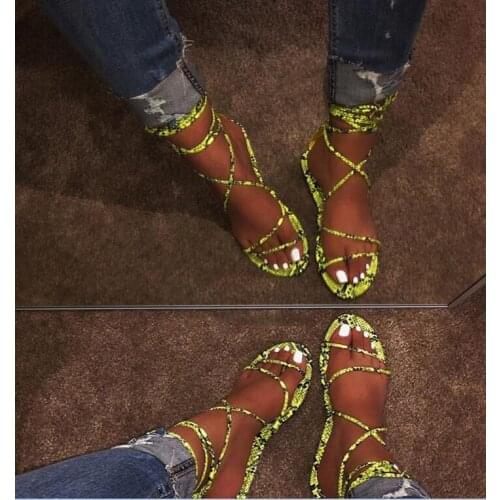 2020 Womens Flat Sandals Summer Outside Leopard Snake Print Beach Shoes Woman Ankle Strap Lace Up Gladiator Sandals