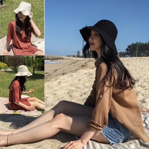 Large Brim Sun Hat With Burger Brim Fishman Hat Lady Summer Sun Cap Casual Foldable Washable Cloth Hats Solid Soft Bucket Hat