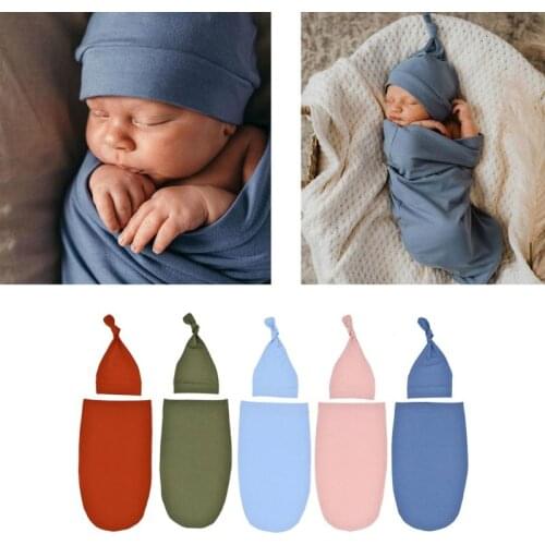Newborn Baby Sleeping Bag Solid Color Swaddle Blanket Sleeping Swaddle Muslin Wrap+Hat 2pcs New Born Set