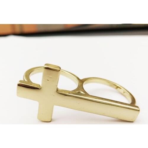 Alloy Cross Two Finger Ring For Women Gothic Punk Style Ligth Gold Color Fashion Jewelry Men Gift Wholesale Free Shipping VGE014