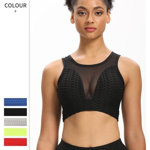 Textured Sports Bra Criss Cross Racer Back Gym Yoga Tops Push Up Fitness Bralette Waffle Active Wear Workout Mesh Padding Outfit