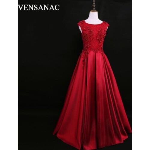 VENSANAC 2018 Pearls O Neck A Line Lace Appliques Long Evening Dresses Elegant Party Crystal Open Back Prom Gowns