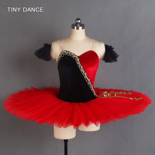 YAGP Black and Red Velvet Bodice with 7 Layers Pancake Tutu Girls and Women Professional Ballet Dance Tutu Solo Dress BLL402