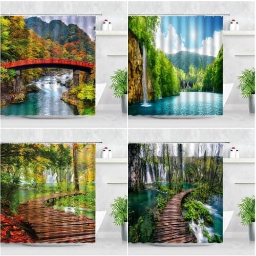 Rural Landscape Shower Curtains 3D Green Plants Waterfall Wooden Bridge Scenery Waterproof Polyester Bathroom Decor Bath Curtain