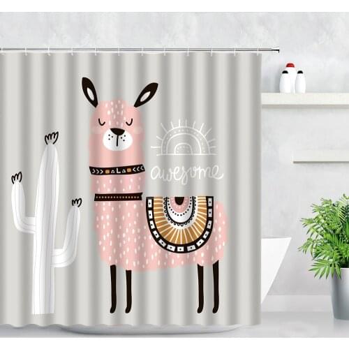 Cartoon Alpaca Shower Curtain Set Cute Animal Cactus Waterproof Cloth Children Bathroom Decor Gift Kids Bath Curtains With Hooks