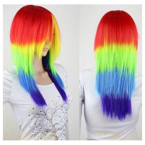 Zhaoxia++01549@Q8+++ Womens Long mixed color Straight Full Hair Wigs Cosplay Costume Wig Bangs Rainbow color