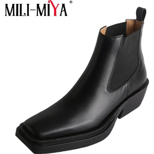 MILI-MIYA Genuine Leather Chelsea Short Ankle Boots Women Autumn Winter Thick Bottom British Style Fashion Square Toe Footwear