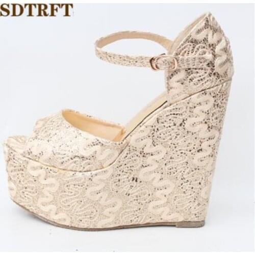 SDTRFT Stiletto 15cm Wedges sandals Peep toe high-heeled shoes woman Buckle Lace pumps zapatos mujer Small yards:30 31 32 33-43