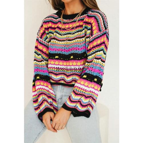 2021 autumn winter new European and American stitching sweater loose intercolor rainbow round collar stripe sweater female