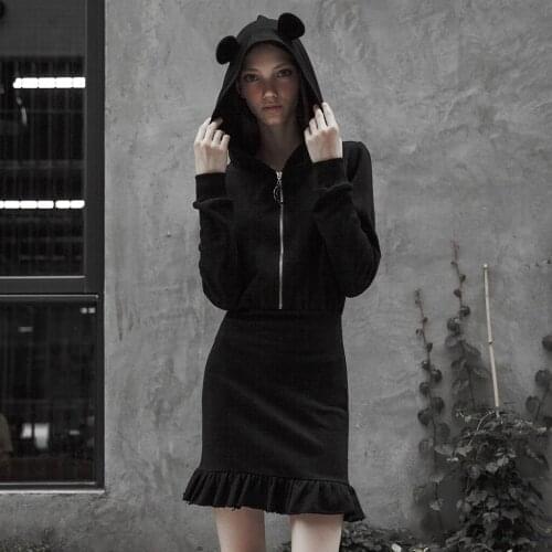 PUNKRAVE Womens Gothic Dark Hooded Lotus Leaf Pendulum Dress Sexy Tight Fish Tail Hem Cardigan Zipper Half Dresses