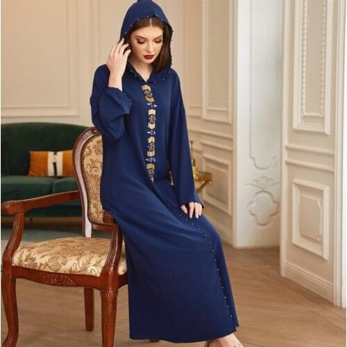 Women Moroccan Jellaba Handsewn Rhinestone Hooded Abaya Dress Loose Long Sleeves Bugle Beaded Muslim Party Evening Gowns Caftan