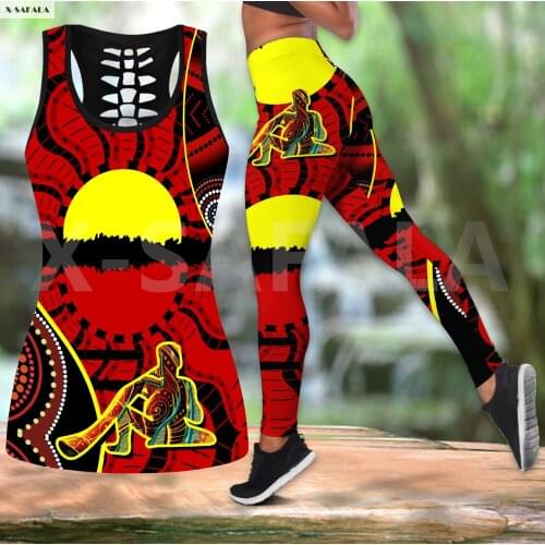 Australia Aboriginal Culture Two Piece Yoga Set Women 3D Print Vest Hollow Out Tank Top High Waist Legging Summer Casual Sport