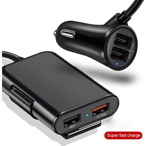 60W QC 3.0 USB Car Phone Charger 4 Ports Phone Car Fast Front Back Charger Adapter For iPhone Xiaomi Portable Fast Phone Charger
