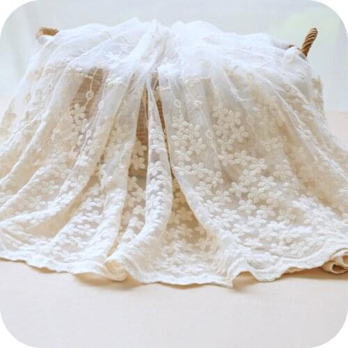 Beige lace fabric by the yard, cream cotton embroidered lace fabric, double edge floral lace fabric