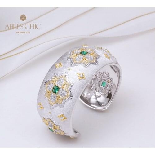 18K Gold Tone Fretwork Engraved Floral Silver Bangle Bracelet Oblong Emerald Zircon Renaissance Wedding Wide Cuffs Fine Jewelry