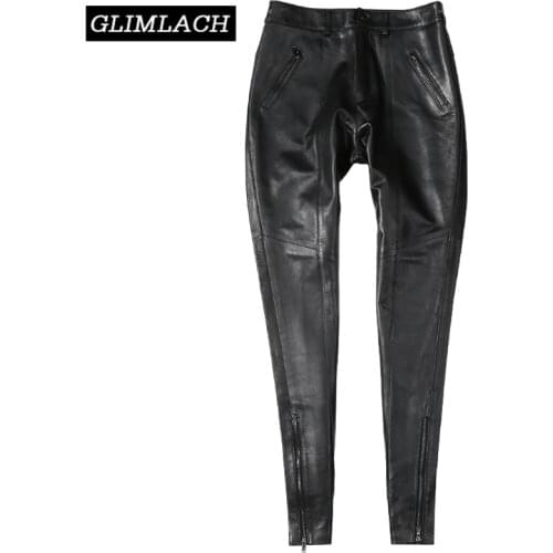 New Office Lady Genuine Leather Pencil Pants Black Slim Streetwear Women Soft 100% Sheepskin Real Leather Trousers Casual Female