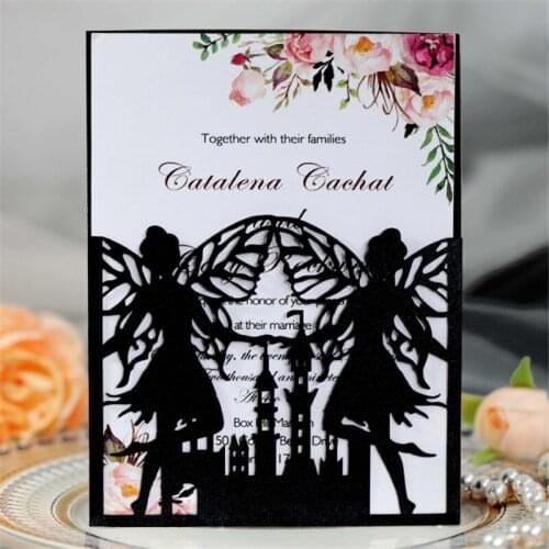 Black and white fairy butterfly invitation card gift card pearl paper personalized insert design 50pcs