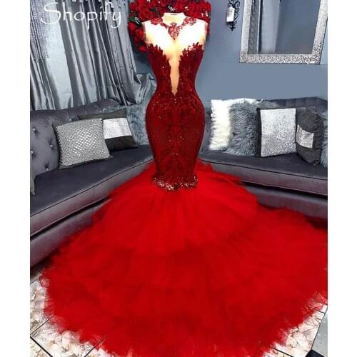 Long Red Prom Dresses 2021 Elegant Mermaid Ruffles Tulle African Black Girls Gala Prom Party Night Gowns