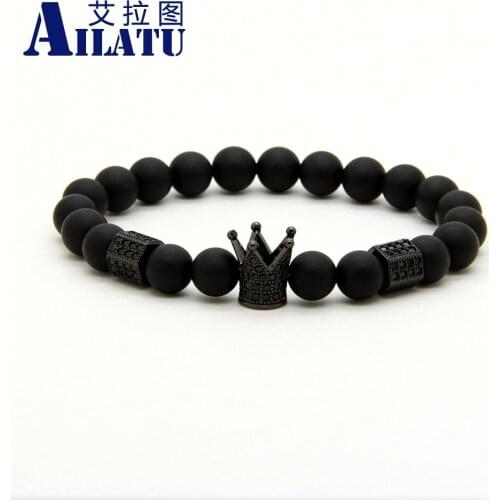 Men Jewelry 8mm A Grade Matte Onyx Stone Beads with Black Cz Imperial Crown & Stoppers Bracelets Drop Shipping Jewelry