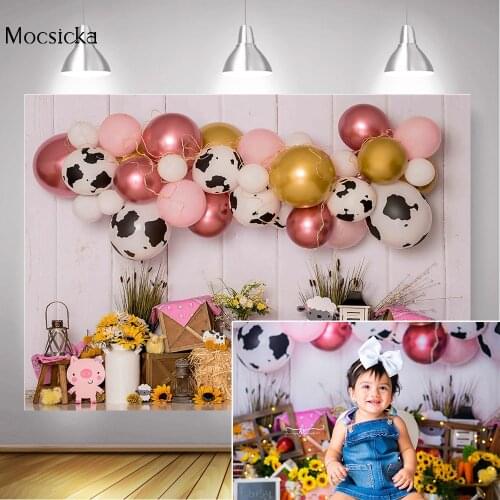 Farm Cowboy Children Birthday Cake Smash Photo Backdrop Colorful Balloons Sunflower Portrait Background Photography Paddy Animal