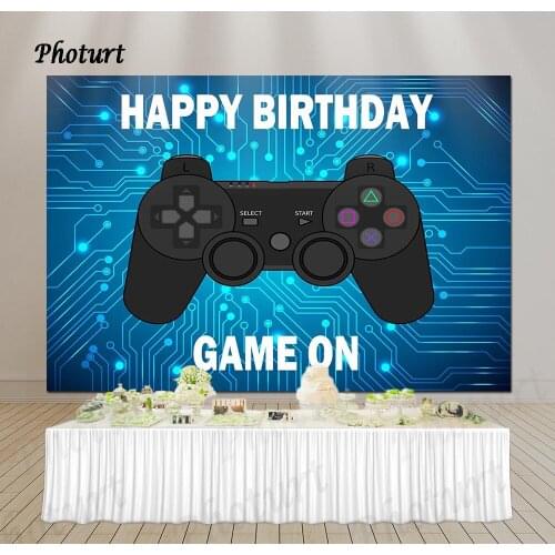 PHOTURT Play Station Controller Backdrop Kids Birthday Photo Background Blue Xbox Game on Vinyl Photography Booth Props