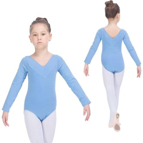 Sky Blue Cotton/Lycra Leotards Long Sleeves V Front Kids Gymnastics Girls Ballet Bodysuit