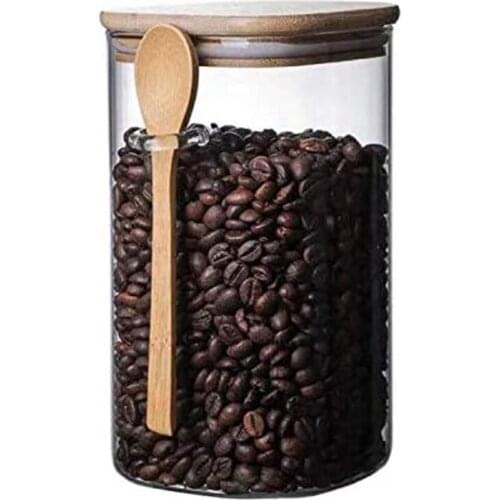 Hot 3Pcs Clear Square Glass Storage Jar with Bamboo Lids with Bamboo Spoons Airtight Food Jars Glass Kitchen Containers