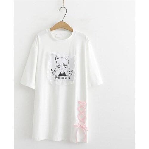 XUANHAO Cotton Womens Cartoon Appliques Black/White T Shirts 2019 Half Sleeve O-Neck T Shirt Femme Harajuku Style T Shirt