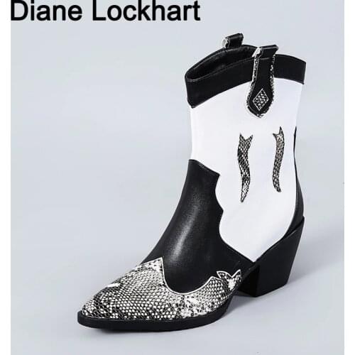 Cossacks Mixed Colors PU Leather Cowboy Ankle Boots Women Wedge High Heel Booties Snake Print Western Cowgirl Boot 2019 Female