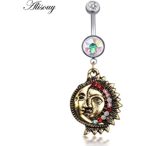 Alisouy 1pc vintage Belly Button Rings crystal Surgical Steel Pendant belly rings sun moon Navel Piercing Body Jewelry 1.6*10*5
